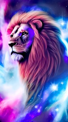 a painting of a lion with stars in the background