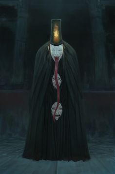 a man in a black cloak with a red tie and hat on his head is standing in the dark