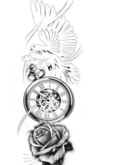 a drawing of a clock with a rose on the side and a bird flying over it