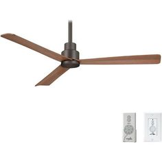 a ceiling fan with two wooden blades and an outlet for the remote control, on a white background