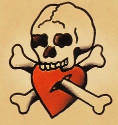 a drawing of a skull and crossbones with a heart