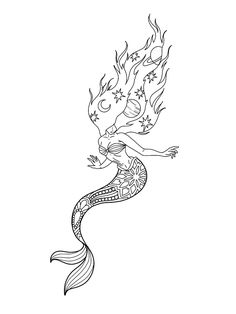 a black and white drawing of a mermaid with stars on her tail, sitting in the water