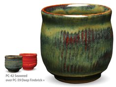 two bowls are shown with different colors and designs on the bottom one is green, the other is red