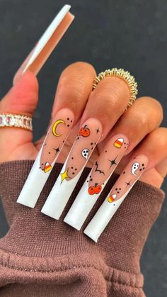 Baddie Nails Instagram Long Square, Halloween Xl Nails, Baddie Halloween Nails Acrylic, Halloween Nails Long Square, October Birthday Nails, Halloween Long Nails, Baddie Halloween Nails, Long Halloween Nails, Halloween Nails Long