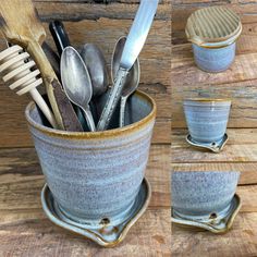 a cup filled with spoons and other kitchen utensils