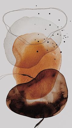 an orange and brown abstract painting with dots on the bottom half of its body,