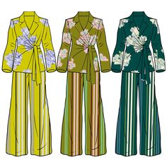 three women's pajamas in different colors and patterns, one with flowers on it