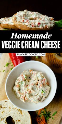 homemade veggie cream cheese in a bowl next to bread