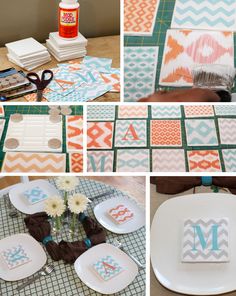 several pictures of different patterns and designs on paper towels, plates, and napkins