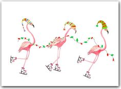 three pink flamingos are skating down the street with christmas decorations on their heads and feet