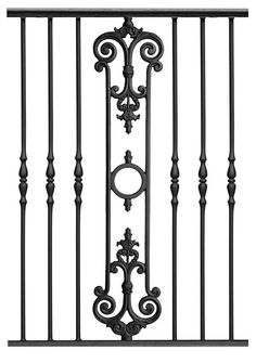 an iron gate with decorative designs on the top and bottom, isolated against a white background