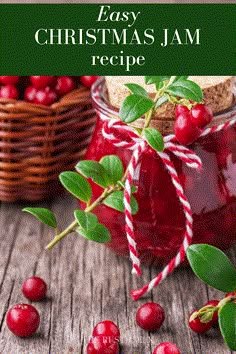 cranberry sauce in a glass jar with green leaves and red berries around it