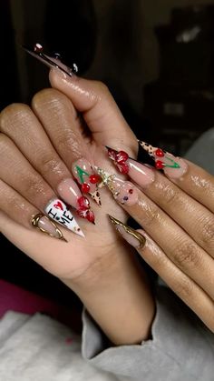 Christmas Nail Inspo Black Women, Nail Into Black Women, Red And Cherry Nails, Latto Inspo Nails, Braider Nails Design, Boujee Acrylic Nail Designs, Red And White Nails Prom, Nigerian Nails Design, 27 Birthday Nails