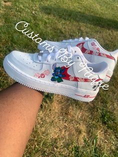 Another lilo and stitch custom order Price will vary depending on size of sneaker. Nike Shoes Stitch, Stitch Air Force Ones, Casual Customized Low-top Sneakers, Casual Customized White Sneakers, Customized Casual Low-top Sneakers, Casual Red Customizable Sneakers, Handmade Custom White Sneakers, Custom Handmade White Sneakers, Casual Red Sneakers With Custom Artwork