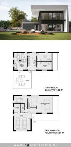 two story house plan with floor plans and elevation details for each room in the home