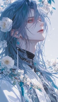 an anime character with blue hair and flowers in her hair is staring into the distance