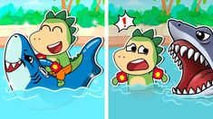 two pictures of cartoon characters in the water, one with a shark and another with an airplane