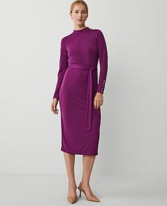 The quintessential style that pulls it all together, our belted column knit midi dress is enhanced with polished button detail. Mock neck. Long sleeves with button cuffs. Self tie belt. Shoulder button placket.,Hit:31 1/2" from natural waist,Imported:Imported,Fit:Hits at mid-calf,Length:31 1/2" from natural waist,Fabrication:Shell: 65% Modal, 28% Viscose, 7% Spandex; Lining: 65% Modal, 28% Viscose, 7% Spandex,Garment Care:Machine Washable Mock Neck Belted Column Knit Midi Dress by Ann Taylor Siz Blazer And Skirt, Sleepwear & Loungewear, Knit Midi, Knit Midi Dress, Petite Fashion, Petite Dresses, Tie Belt, Button Detail, Button Placket