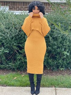 The cold weather just means you get to show off in this chunky ribbed maxi knit sweater dress! Thick and stretchy ribbed knit shapes this dress that includes a chic bat sleeve cropped turtleneck poncho. Unique ribbing accents the bodice before flowing into a bodycon silhouette that ends at midi hem with a back slit. Unlined. 50% Rayon, 28% Polyester, 22% Nylon. Hand Wash Cold. Do Not Bleach. Hang To Dry. Stretchy material Model (normal size 8/M) is wearing a Small Styling A Brown Dress, Womens Dresses Church, Turtleneck With Dress Outfit, Dress More Feminine Casual, Sweater Dress With, Winter Dress Outfit With Boots, Modest Winter Dress Outfit, Midi Outfit Dress, Church Attire Black Women