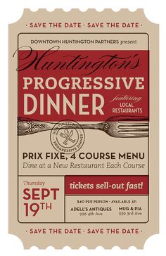 a ticket for a restaurant with the words progressive dinner on it