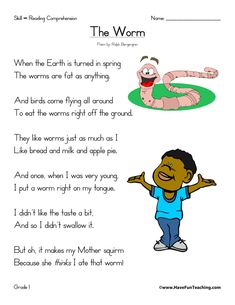 Worm Poem Reading Comprehension Worksheet Reading Comprehension Test, Preschool Worksheets Free Printables, First Grade Reading Comprehension, Poetry For Kids, Have Fun Teaching, First Grade Activities, Spelling Activities, Reading Comprehension Skills, Teaching First Grade