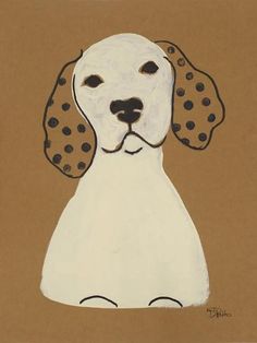 a drawing of a dog with polka dots on it's head and eyes, sitting in front of a brown background