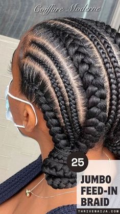 What are feed-in braids? Jumbo feed-in braids are just like the typical cornrows and braids intertwined to form one particular hairstyle which is the feed-in braid. Jumbo Cornrow Braids Straight Back, Feed In Braids For Round Faces, Jumbo Stitch Braids Cornrows, Goddess Braids Cornrows Jumbo, Three Cornrows Braids, Cornrows Low Bun, 5 Cornrows Braids Black Women, 7-8 Feedin Braids, Feed In Stitch Braids Cornrows With Bun