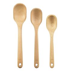 three wooden spoons are shown with the same size as each spoon, and one has a