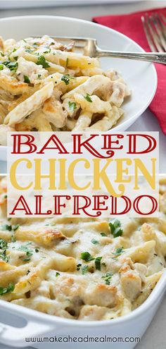 baked chicken alfredo in a casserole dish on a white plate with red napkin