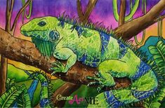 a painting of a lizard on a tree branch in the jungle with purple and green background