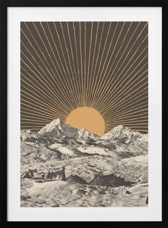 an art print with mountains and sun in the background