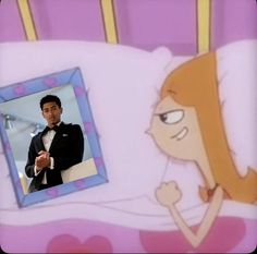 a man in a tuxedo standing next to a bed with a cartoon character on it