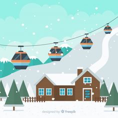 two ski lifts above a house in the snow