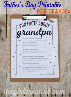 a father's day printable for grandpa on a clipboard with the words, fun fact about grandpa