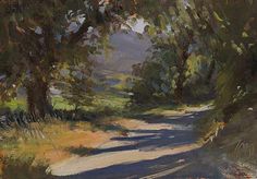 an oil painting of a dirt road surrounded by trees