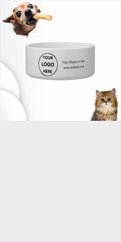 a dog and cat eating food out of a bowl with the words your logo here on it