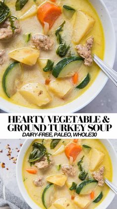 two bowls filled with hearty vegetable and ground turkey soup