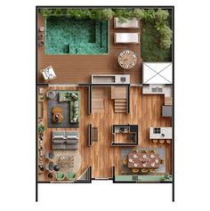 an overhead view of a floor plan with furniture