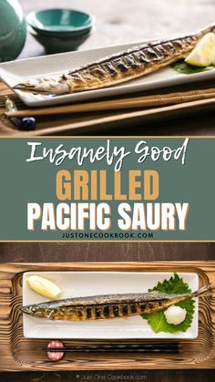 grilled pacific sauerry with lemons and parsley on the side, served in