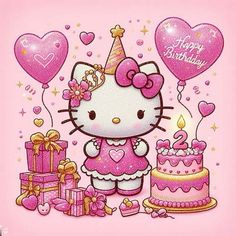 a hello kitty birthday card with presents and balloons