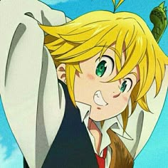 an anime character with blonde hair and green eyes