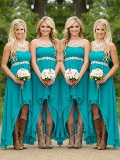 the bridesmaids are dressed in turquoise dresses and cowboy boots