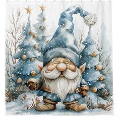 a shower curtain with a painting of a gnome in front of christmas trees and snow