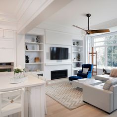 a living room filled with furniture and a flat screen tv mounted on a wall above a fireplace