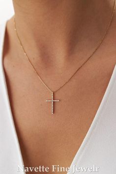 Cross and Diamond Necklace | Small Gold Cross Necklace with Diamonds, Elegant Diamond Jewelry, Perfect Gift for Her ✸ 𝑴𝒆𝒕𝒂𝒍 𝑨𝒗𝒂𝒊𝒍𝒂𝒃𝒊𝒍𝒊𝒕𝒚 The Necklace is available in below metal as per customer requirement with your required finish: ☛ 925 Sterling Silver ☛ 10K Gold ☛ 14K Gold ☛ 18K Gold ▪️ Accent Gemstones Details ❖ Type of Diamond : Moissanite Diamonds ❖ Min. carat total weight : 0.18 Carat ❖ Shape : Round ❖ Setting : Prong Set ❖ Average Color : D-E-F ❖ Clarity : VVS ✸ 𝐘𝐎𝐔𝐑 Small Diamond Necklace, Diamond Necklace Gold, Diamond Cross Necklace, Diamond Cross Necklaces, Blood Diamond, Necklace Cross, Types Of Diamonds, Gold Cross Necklace, Cross Chain