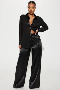 Available In Black. Satin Pant Set Shirt Satin Collar Long Sleeve Button Front Wide Leg Pant Clasp And Zipper Closure Belt Loops Non Stretch 33" Inseam 100% Polyester Imported | Golden Hour Satin Pant Set in Black size 3X by Fashion Nova Satin Pants Outfit, Satin Pant, Baddie Vibes, Stylish Work Attire, Satin Pants, Silk Pants, Wide Leg Pant, Work Attire, Pant Set