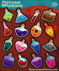 various colored flasks and beakets are shown in this poster