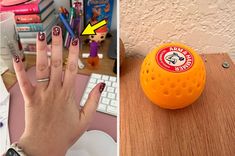 an orange ball sitting on top of a desk next to a hand with nail polish