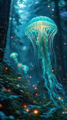 a jellyfish is floating in the water near some trees and bushes with fireflies around it