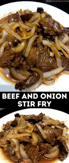 beef and onion stir fry on a white plate